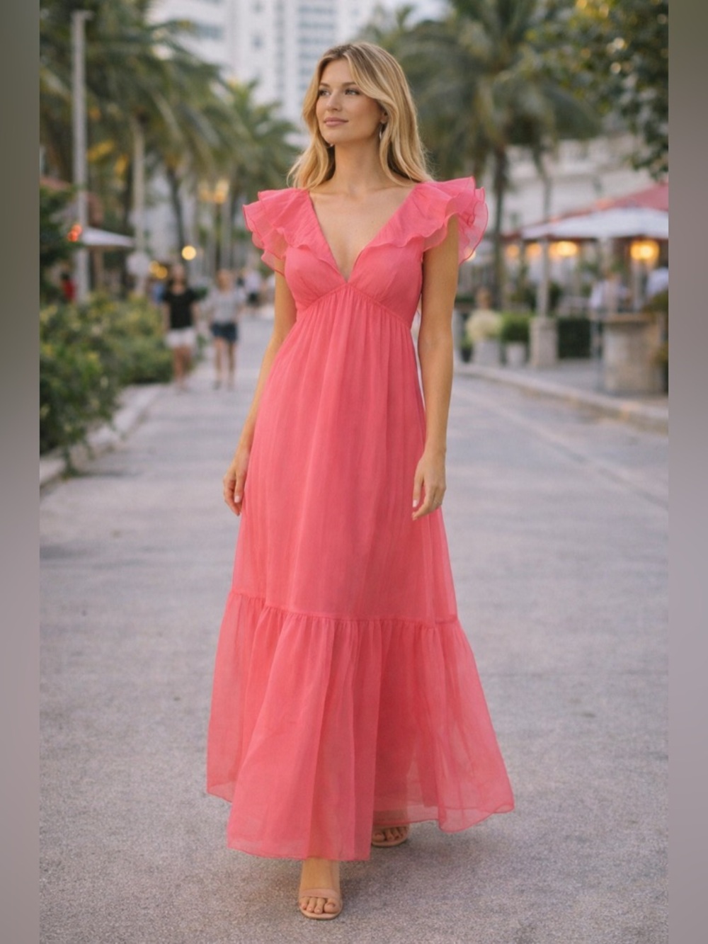 Watermelon Pink Chiffon Maxi Dress Ruffle Sleeve V-Neck Tiered Flowing